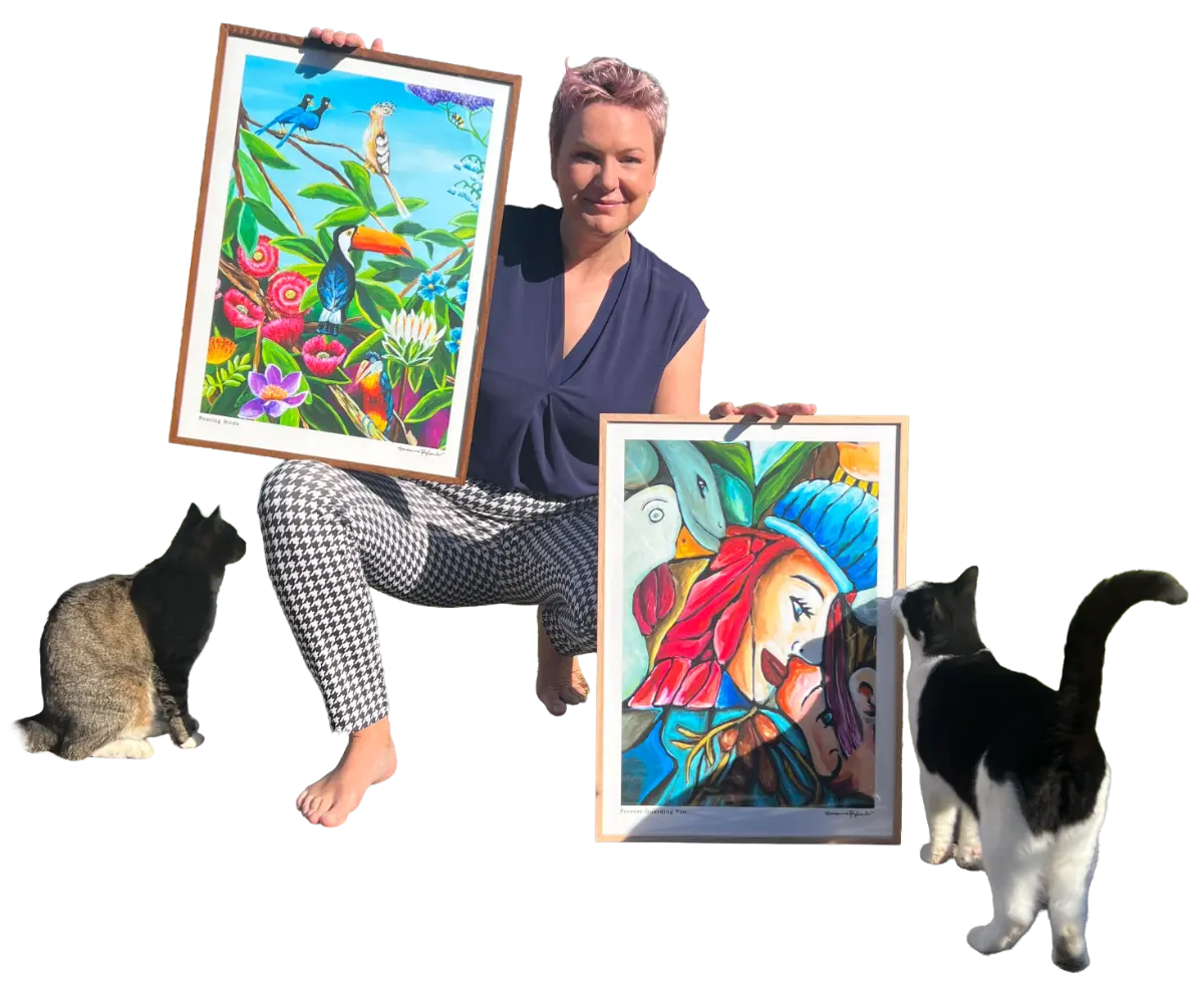 Susanne Rylander with Posters and cats